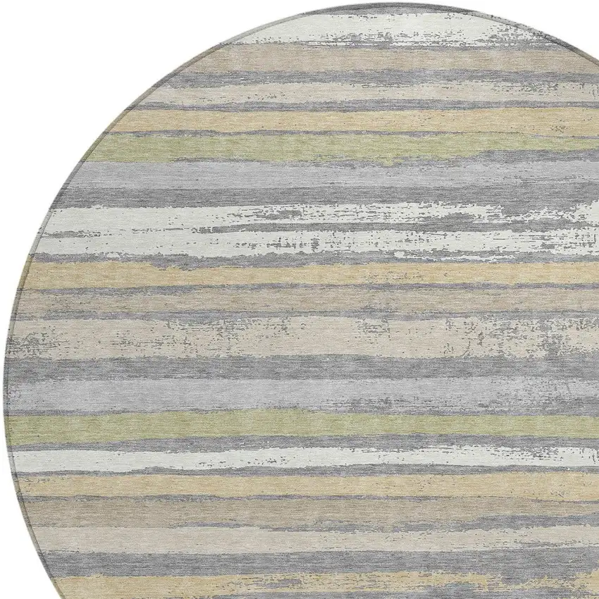 8' Gray Ivory And Green Round Striped Washable Indoor Outdoor Area Rug Photo 4