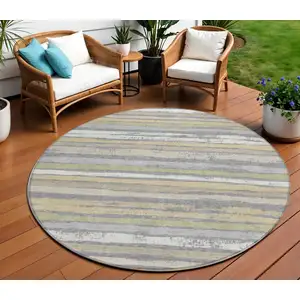 Photo of 8' Gray Ivory And Green Round Striped Washable Indoor Outdoor Area Rug