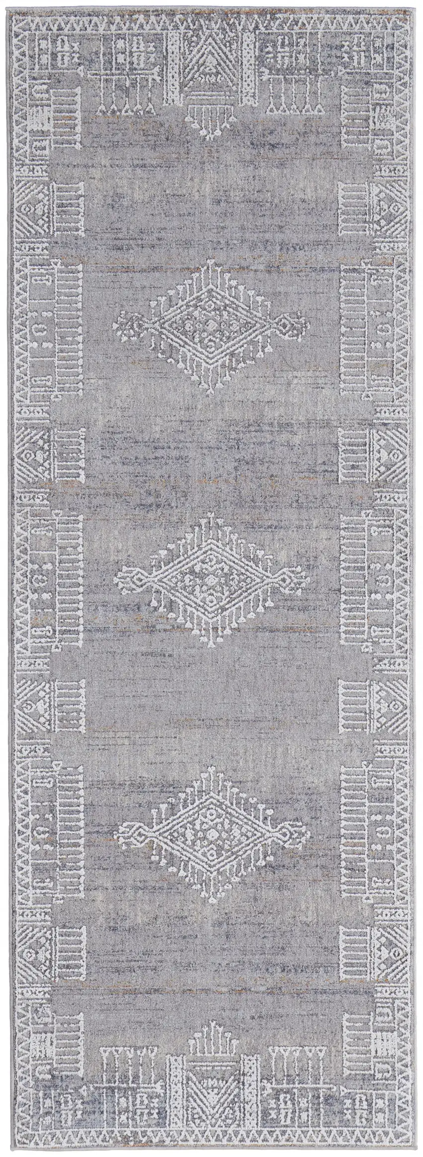 8' Gray Ivory And Orange Geometric Power Loom Distressed Stain Resistant Runner Rug Photo 1
