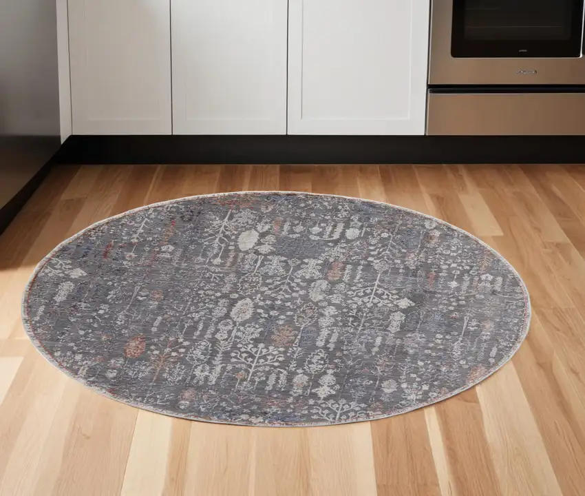 6' Gray and Ivory Round Floral Power Loom Area Rug Photo 1