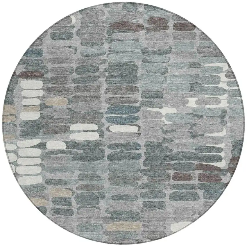8' Gray Ivory And Pewter Round Abstract Washable Indoor Outdoor Area Rug Photo 4