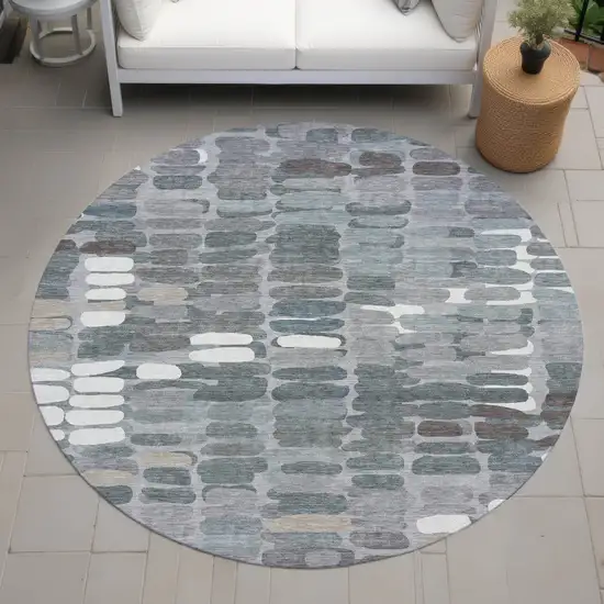 8' Gray Ivory And Pewter Round Abstract Washable Indoor Outdoor Area Rug Photo 8