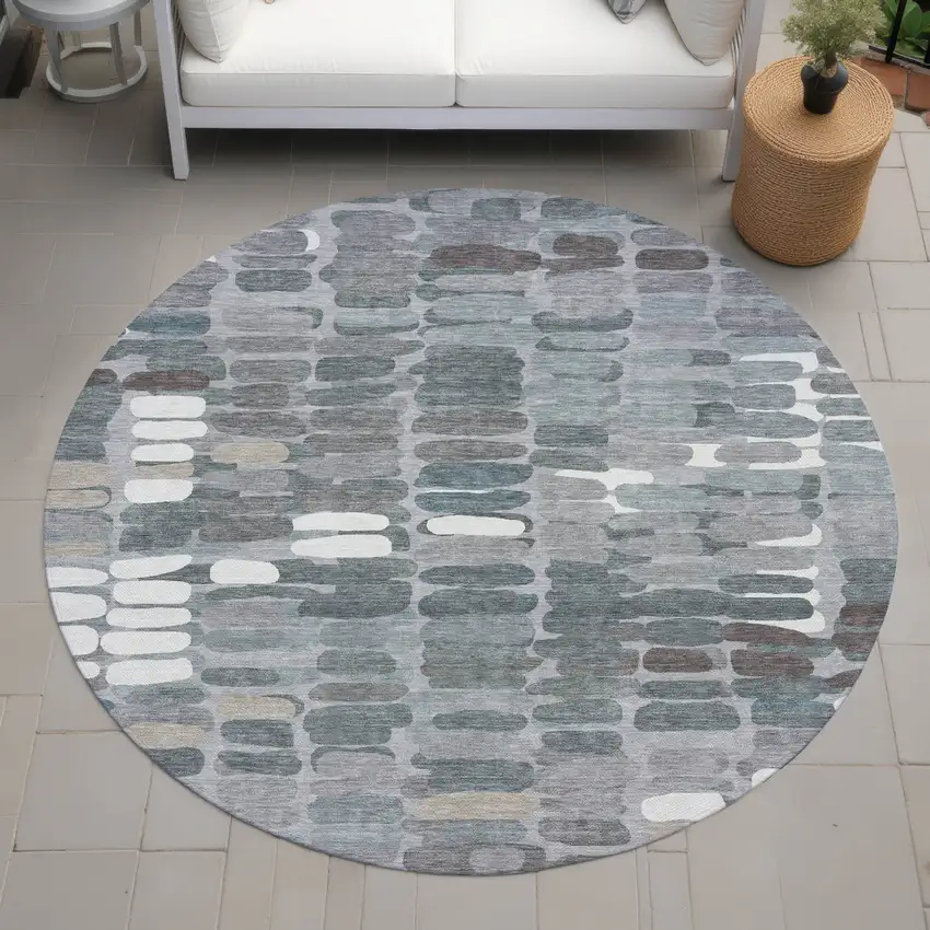 8' Gray Ivory And Pewter Round Abstract Washable Indoor Outdoor Area Rug Photo 8