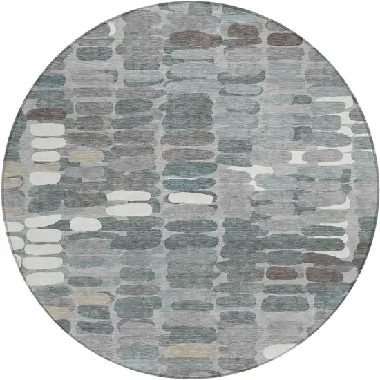 8' Gray Ivory And Pewter Round Abstract Washable Indoor Outdoor Area Rug Photo 2
