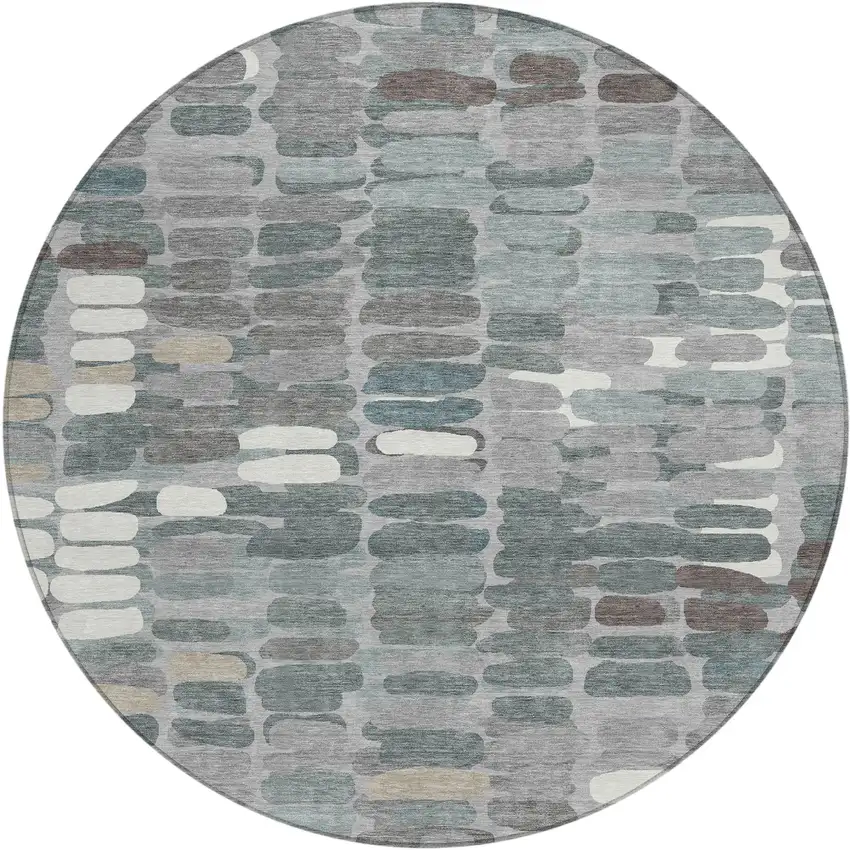 8' Gray Ivory And Pewter Round Abstract Washable Indoor Outdoor Area Rug Photo 2