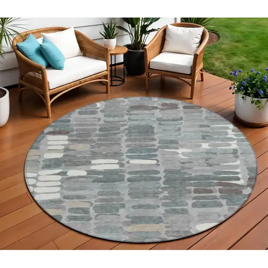8' Gray Ivory And Pewter Round Abstract Washable Indoor Outdoor Area Rug Photo 1