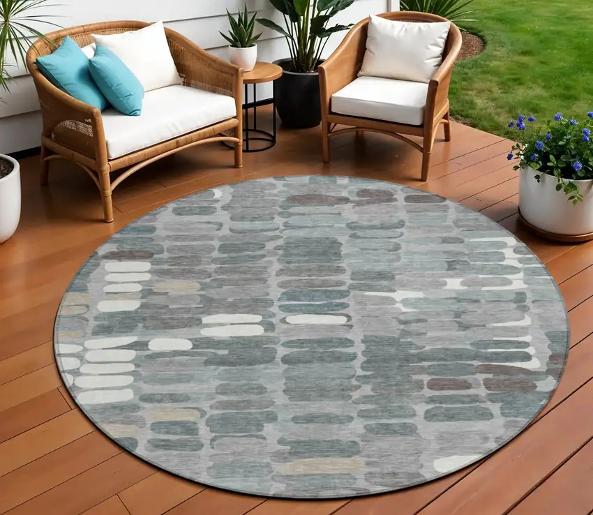 8' Gray Ivory And Pewter Round Abstract Washable Indoor Outdoor Area Rug Photo 1