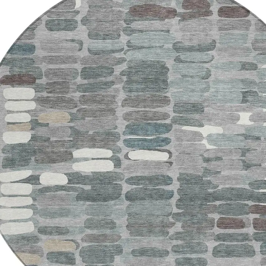 8' Gray Ivory And Pewter Round Abstract Washable Indoor Outdoor Area Rug Photo 7