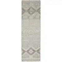 Photo of 10' Gray Ivory And Pink Geometric Hand Knotted Runner Rug