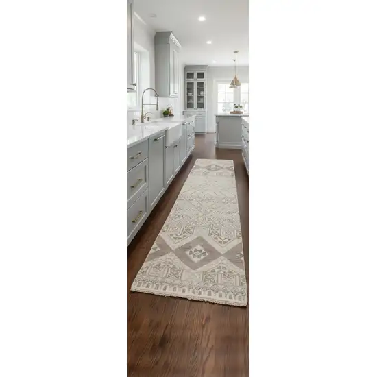 8' Gray Ivory And Pink Geometric Hand Knotted Runner Rug Photo 1