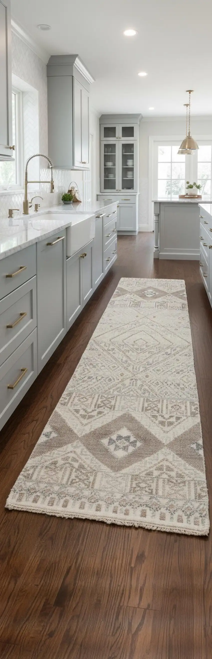 8' Gray Ivory And Pink Geometric Hand Knotted Runner Rug Photo 1