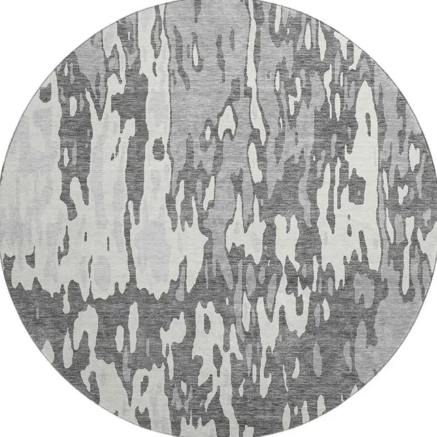 8' Gray Ivory And Silver Abstract Washable Round Rug With UV Protection Photo 2