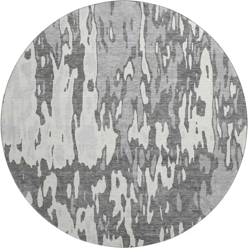 8' Gray Ivory And Silver Abstract Washable Round Rug With UV Protection Photo 1
