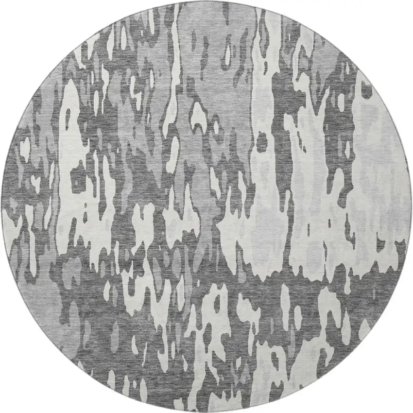 8' Gray Ivory And Silver Abstract Washable Round Rug With UV Protection Photo 3
