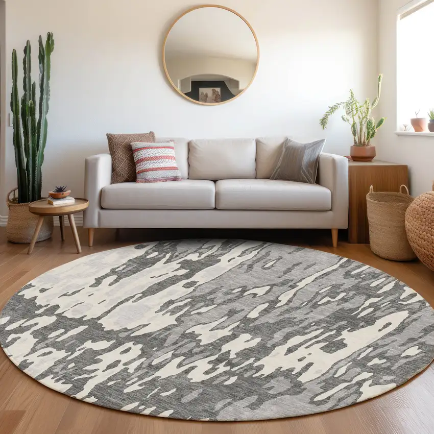 8' Gray Ivory And Silver Abstract Washable Round Rug With UV Protection Photo 4