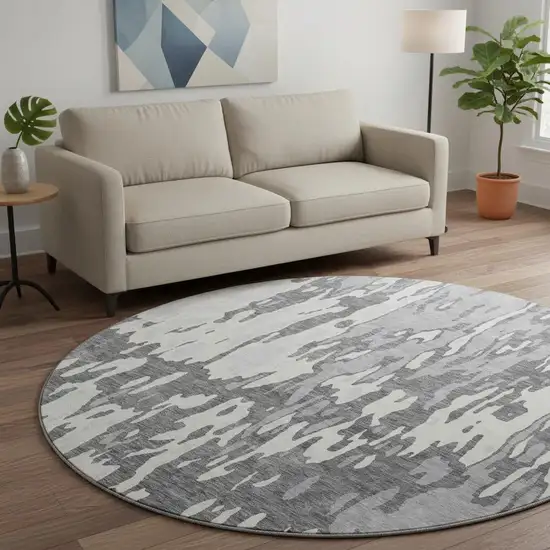 8' Gray Ivory And Silver Abstract Washable Round Rug With UV Protection Photo 2