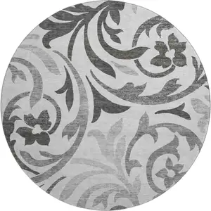 Photo of 8' Gray Ivory And Silver Floral Washable Round Rug With UV Protection
