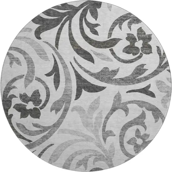 8' Gray Ivory And Silver Floral Washable Round Rug With UV Protection Photo 1