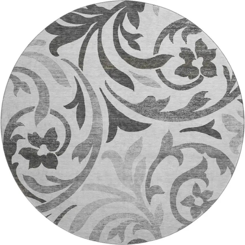 8' Gray Ivory And Silver Floral Washable Round Rug With UV Protection Photo 1