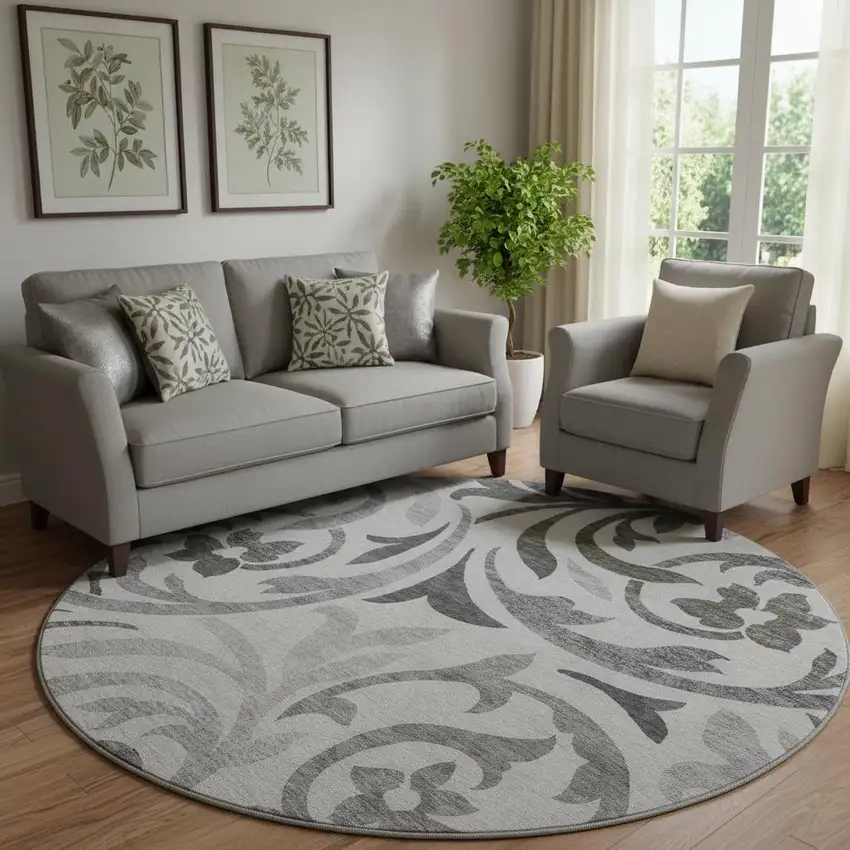 8' Gray Ivory And Silver Floral Washable Round Rug With UV Protection Photo 1