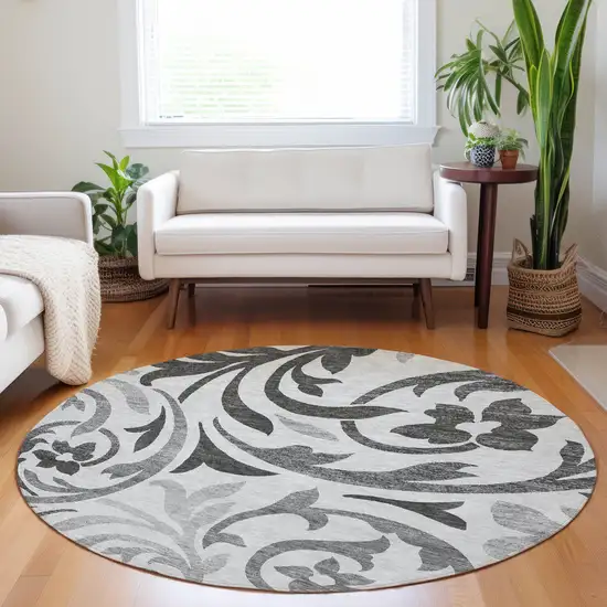8' Gray Ivory And Silver Floral Washable Round Rug With UV Protection Photo 5