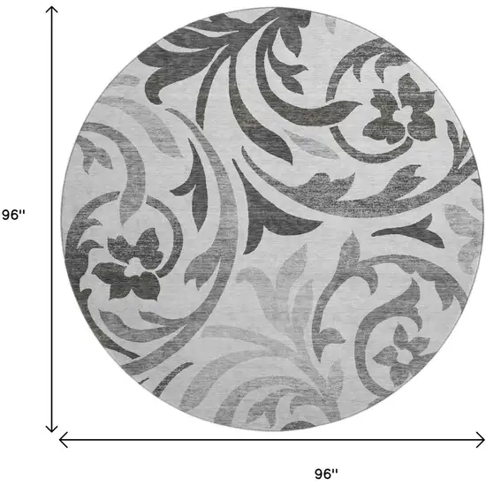 8' Gray Ivory And Silver Floral Washable Round Rug With UV Protection Photo 3