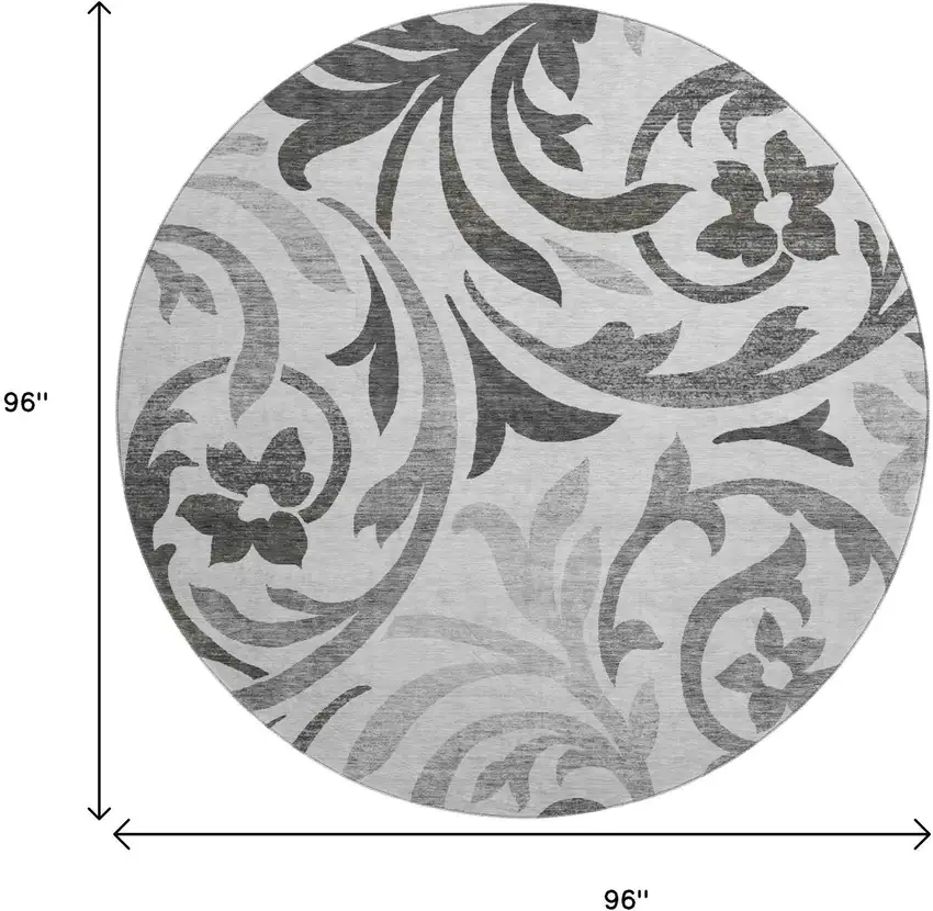 8' Gray Ivory And Silver Floral Washable Round Rug With UV Protection Photo 3