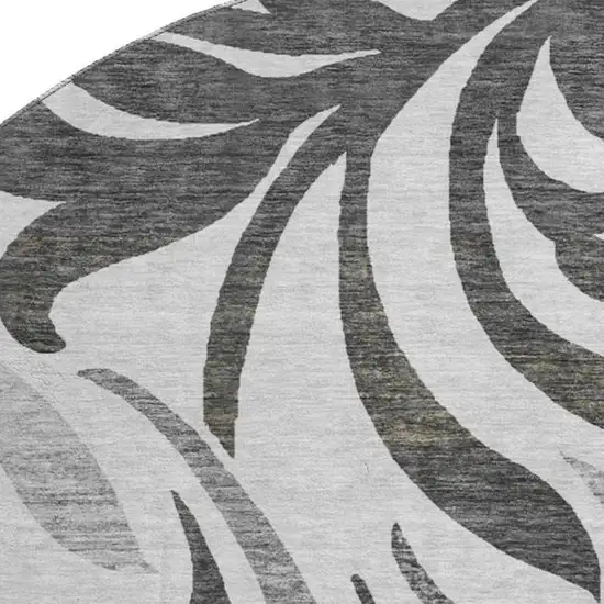 8' Gray Ivory And Silver Floral Washable Round Rug With UV Protection Photo 4