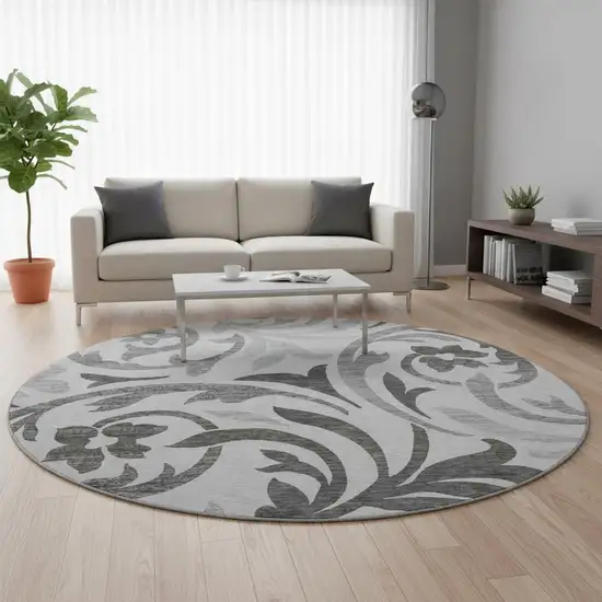 8' Gray Ivory And Silver Floral Washable Round Rug With UV Protection Photo 2