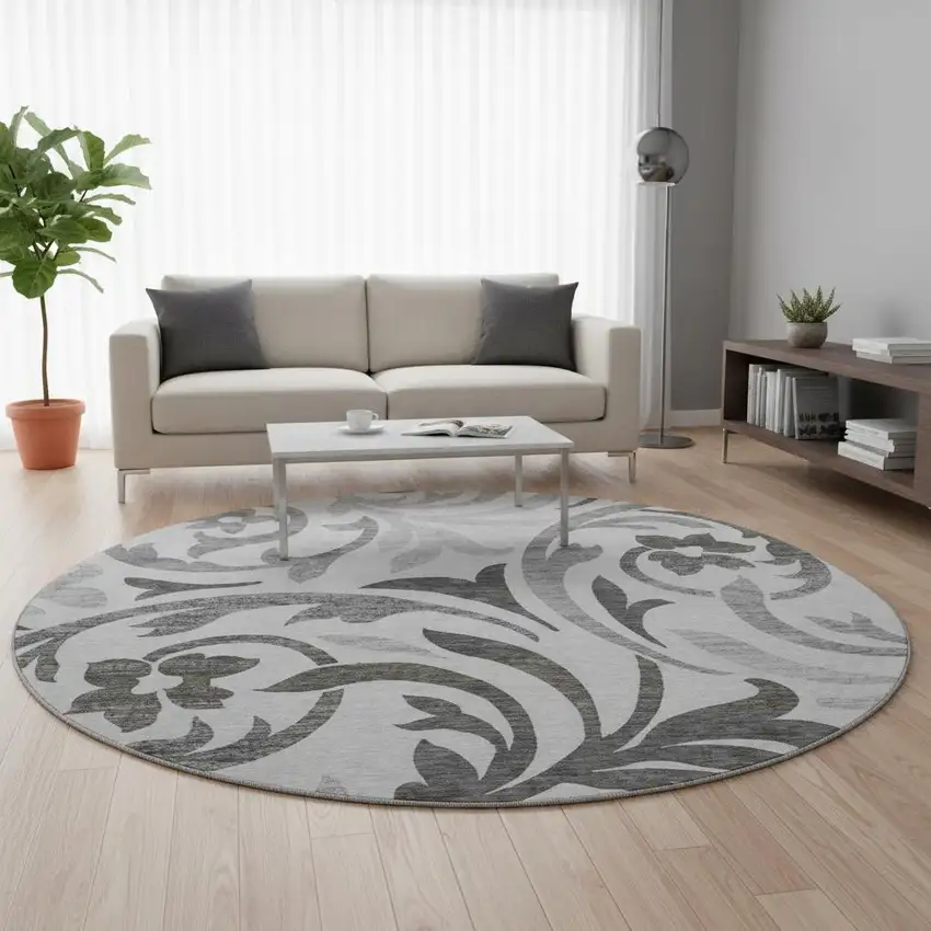8' Gray Ivory And Silver Floral Washable Round Rug With UV Protection Photo 2