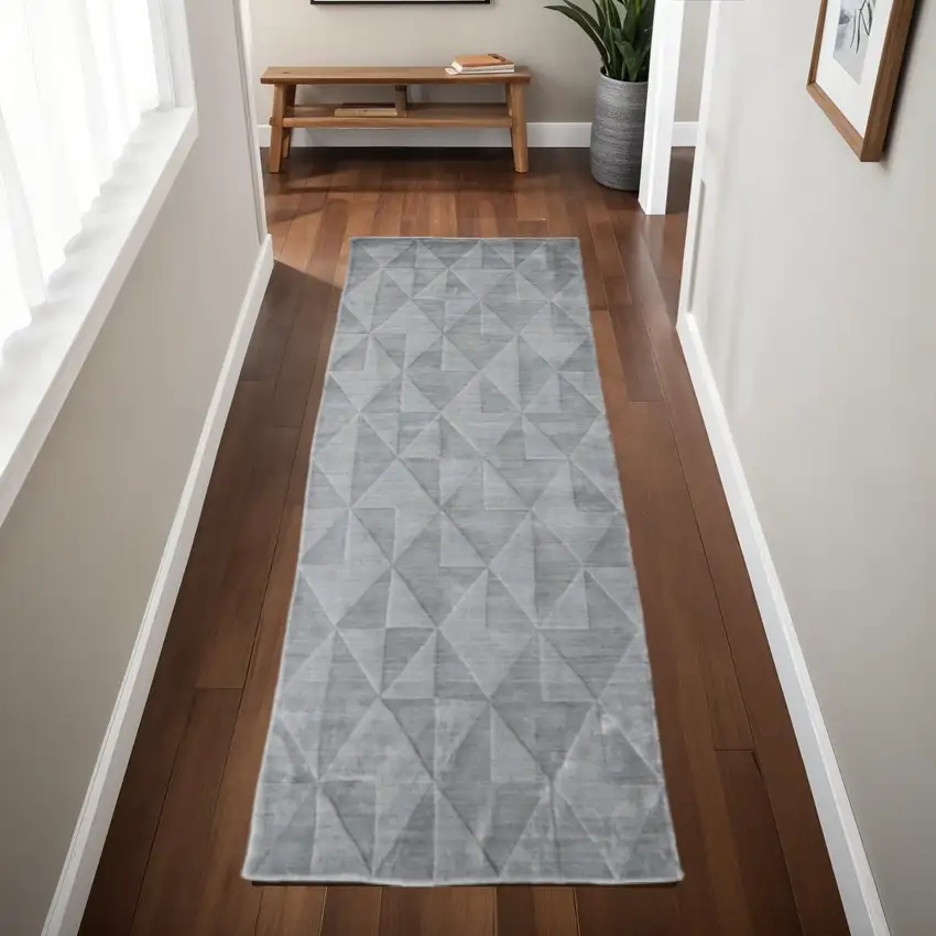 8' Gray Ivory And Silver Geometric Hand Woven Runner Rug Photo 1