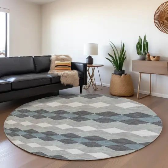 8' Gray Ivory And Silver Geometric Washable Round Rug With UV Protection Photo 4