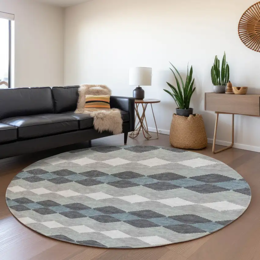 8' Gray Ivory And Silver Geometric Washable Round Rug With UV Protection Photo 4