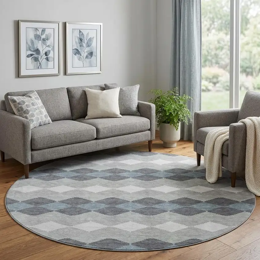 8' Gray Ivory And Silver Geometric Washable Round Rug With UV Protection Photo 1