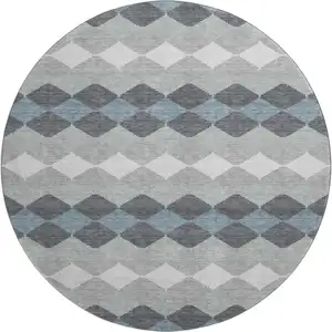 Photo of 8' Gray Ivory And Silver Geometric Washable Round Rug With UV Protection