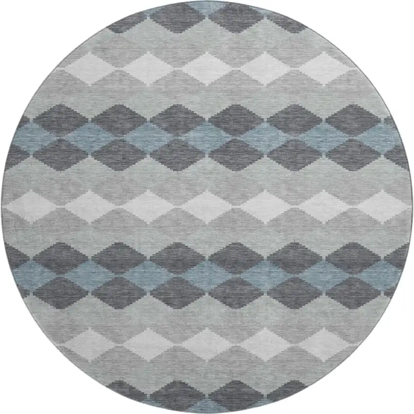 8' Gray Ivory And Silver Geometric Washable Round Rug With UV Protection Photo 1