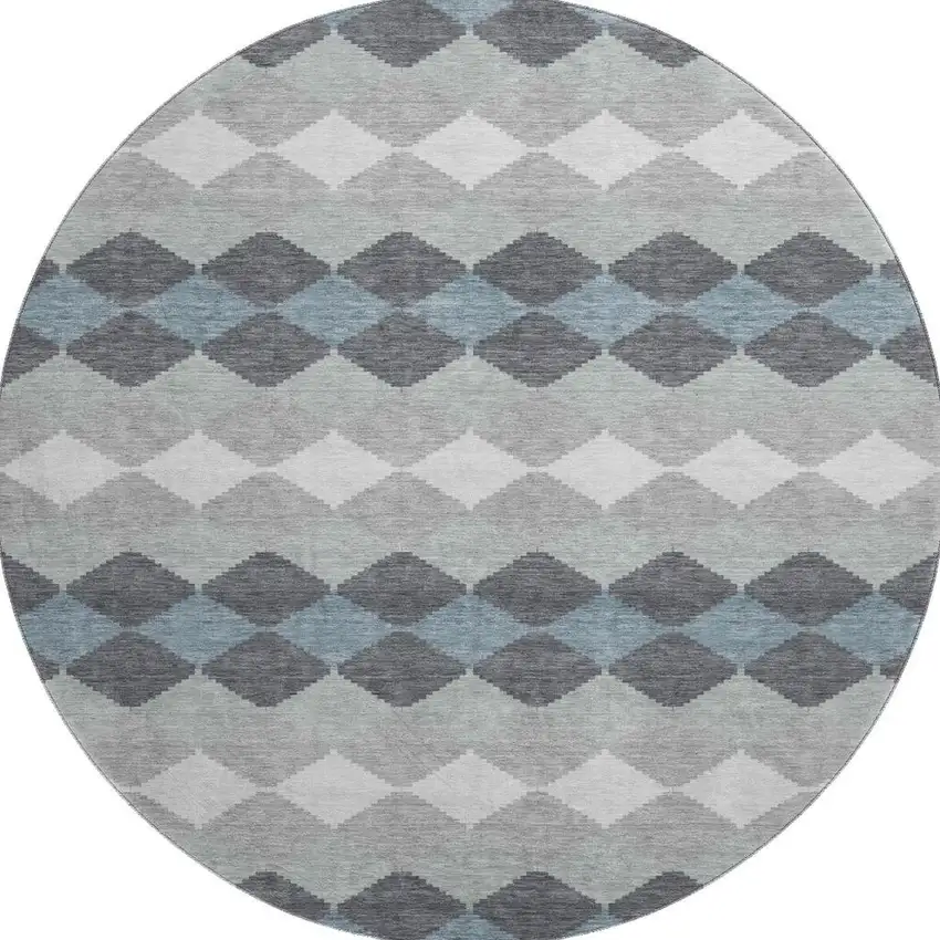 8' Gray Ivory And Silver Geometric Washable Round Rug With UV Protection Photo 3