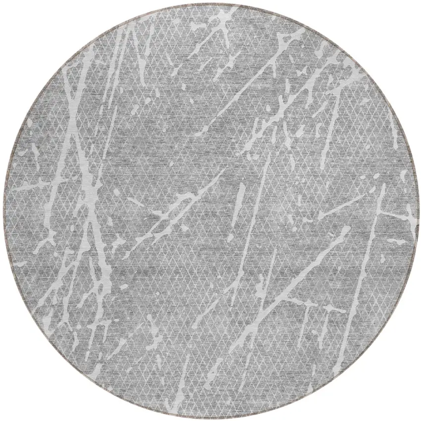 8' Gray Ivory And Silver Round Abstract Washable Indoor Outdoor Area Rug Photo 1