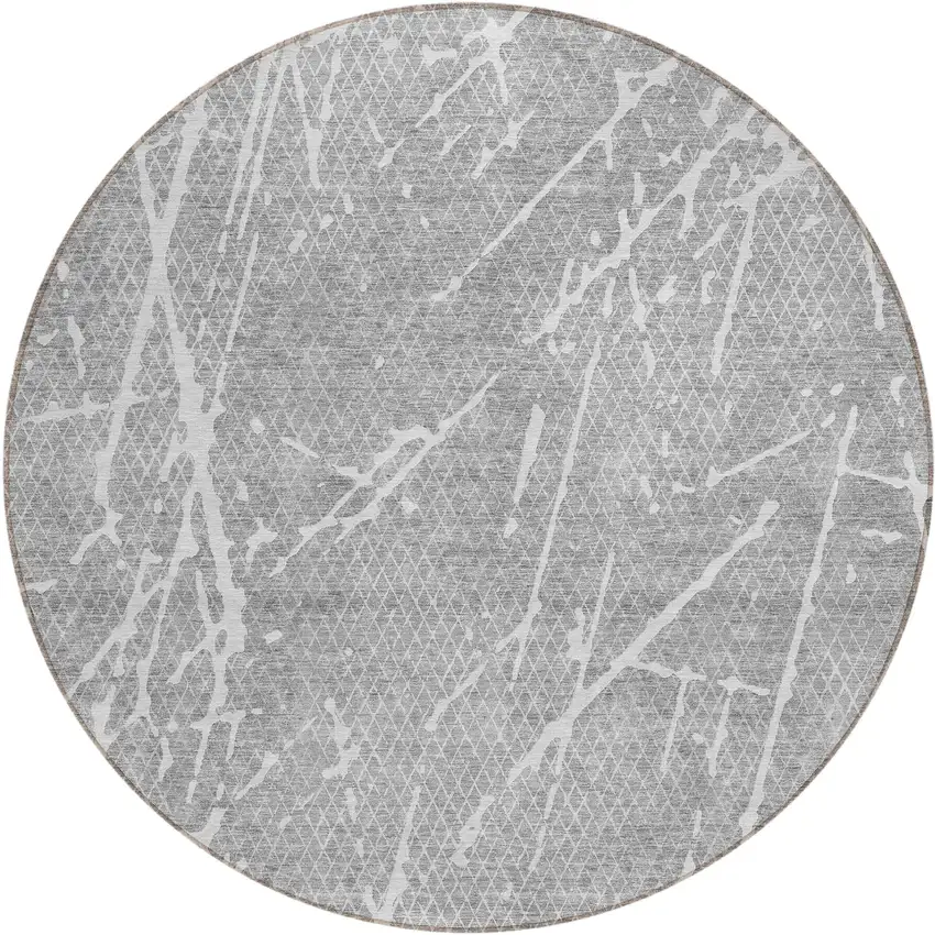 8' Gray Ivory And Silver Round Abstract Washable Indoor Outdoor Area Rug Photo 1