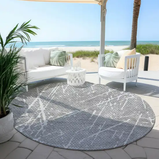 8' Gray Ivory And Silver Round Abstract Washable Indoor Outdoor Area Rug Photo 5