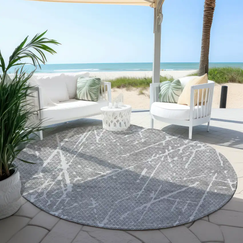 8' Gray Ivory And Silver Round Abstract Washable Indoor Outdoor Area Rug Photo 5