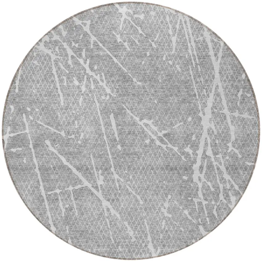 8' Gray Ivory And Silver Round Abstract Washable Indoor Outdoor Area Rug Photo 4