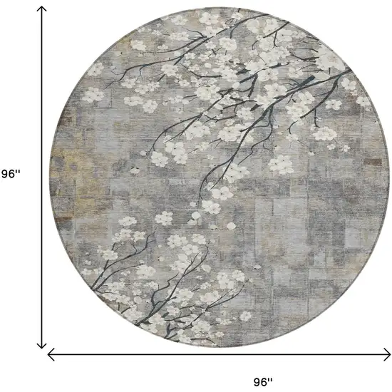 8' Gray Ivory And Silver Round Floral Washable Indoor Outdoor Area Rug Photo 3