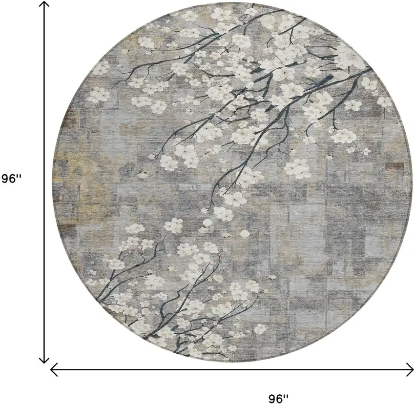 8' Gray Ivory And Silver Round Floral Washable Indoor Outdoor Area Rug Photo 3