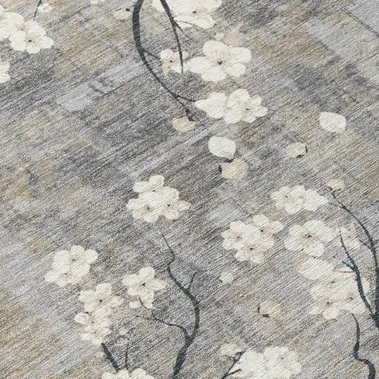 8' Gray Ivory And Silver Round Floral Washable Indoor Outdoor Area Rug Photo 9