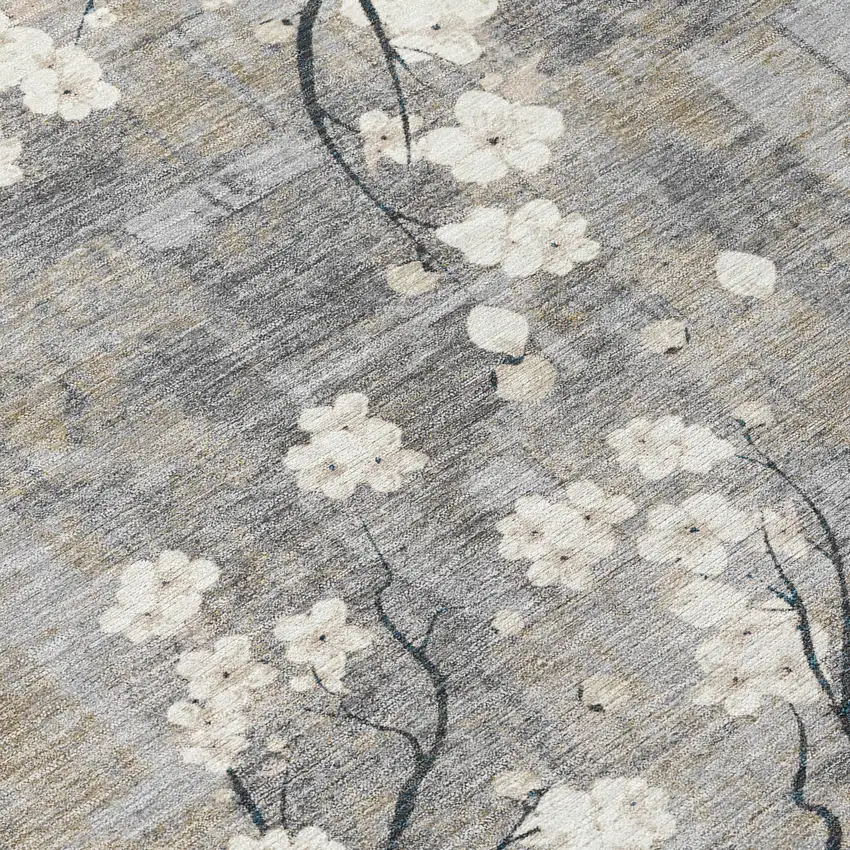 8' Gray Ivory And Silver Round Floral Washable Indoor Outdoor Area Rug Photo 9