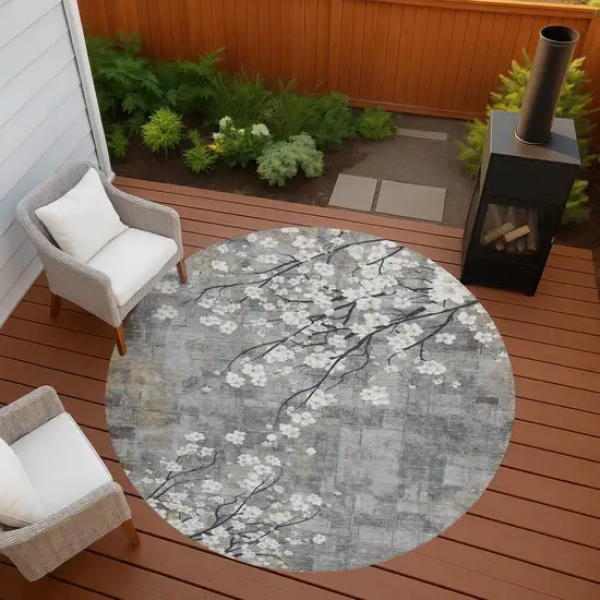 8' Gray Ivory And Silver Round Floral Washable Indoor Outdoor Area Rug Photo 7