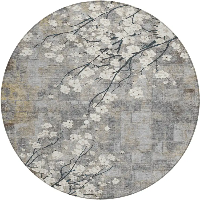 8' Gray Ivory And Silver Round Floral Washable Indoor Outdoor Area Rug Photo 2