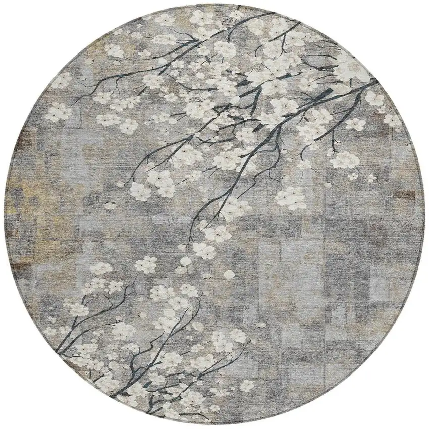 8' Gray Ivory And Silver Round Floral Washable Indoor Outdoor Area Rug Photo 4