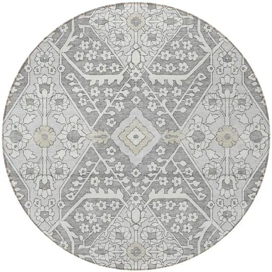 8' Gray Ivory And Silver Round Floral Washable Indoor Outdoor Area Rug Photo 6